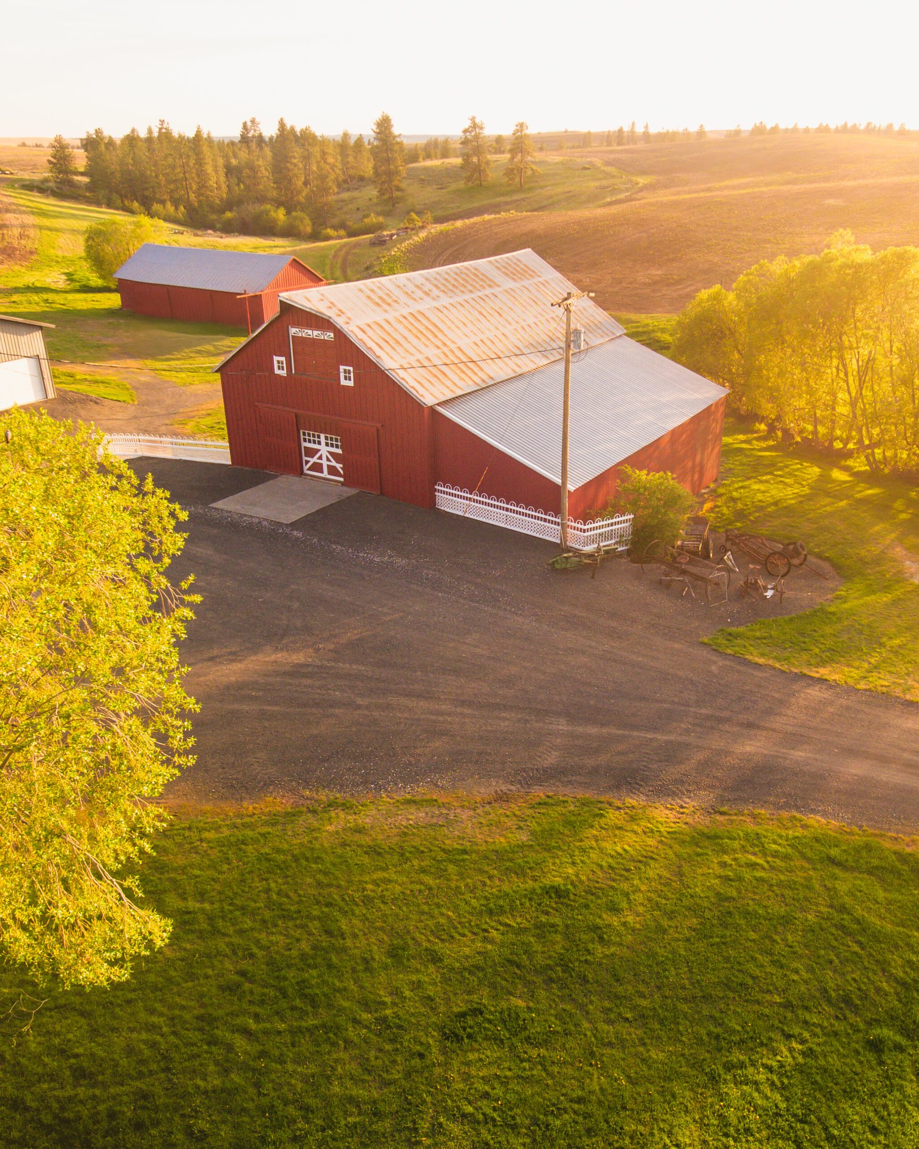 Aerial view of Reed Ranch with wheat fields